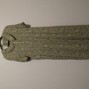 Olive green with pear and Leaf motif cottagecore midi dress